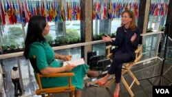 Acting Assistant Secretary for Global Public Affairs Elizabeth Trudeau talks with VOA's Navbahor Imamova, at the State Department in Washington, Oct. 28, 2022. (VOA)
