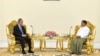 Senior Gen. Min Aung Hlaing, right, head of the military council, talks with former U.N. Secretary-General Ban Ki-moon, left, during their meeting, April 24, 2023, in Naypyitaw, Myanmar.