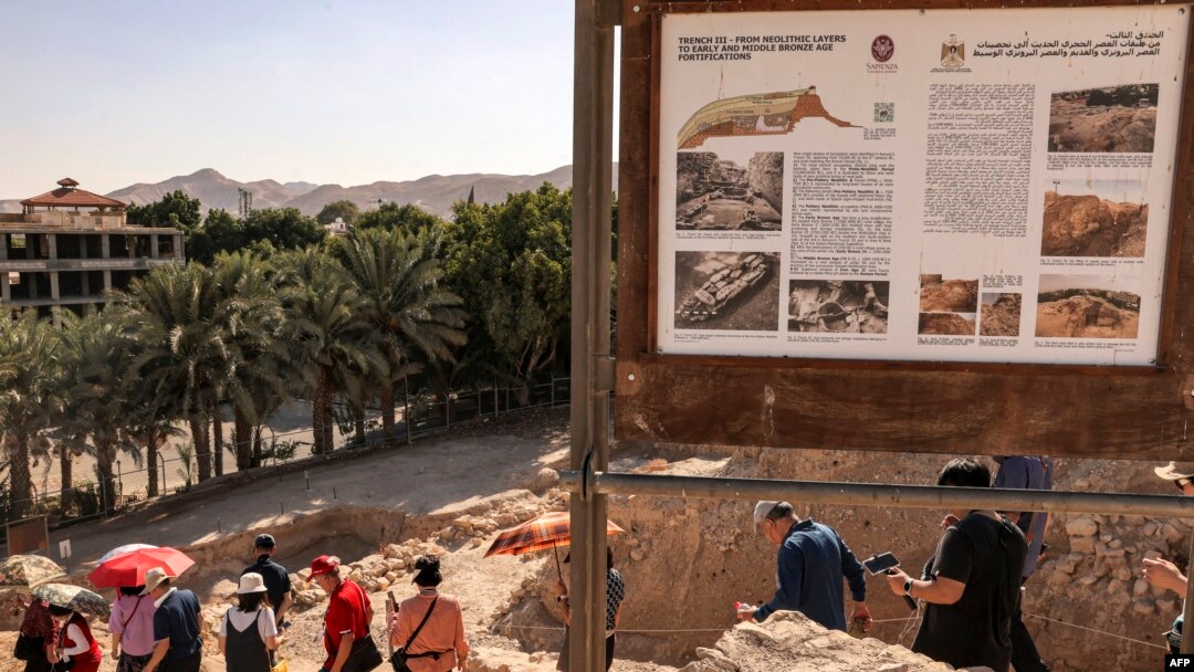 Tourists visit the pre-historic site of Tell al-Sultan, near the Palestinian city of Jericho in the occupied West Bank, Sept. 17, 2023, which was added to the UNESCO World Heritage List on the same day. 