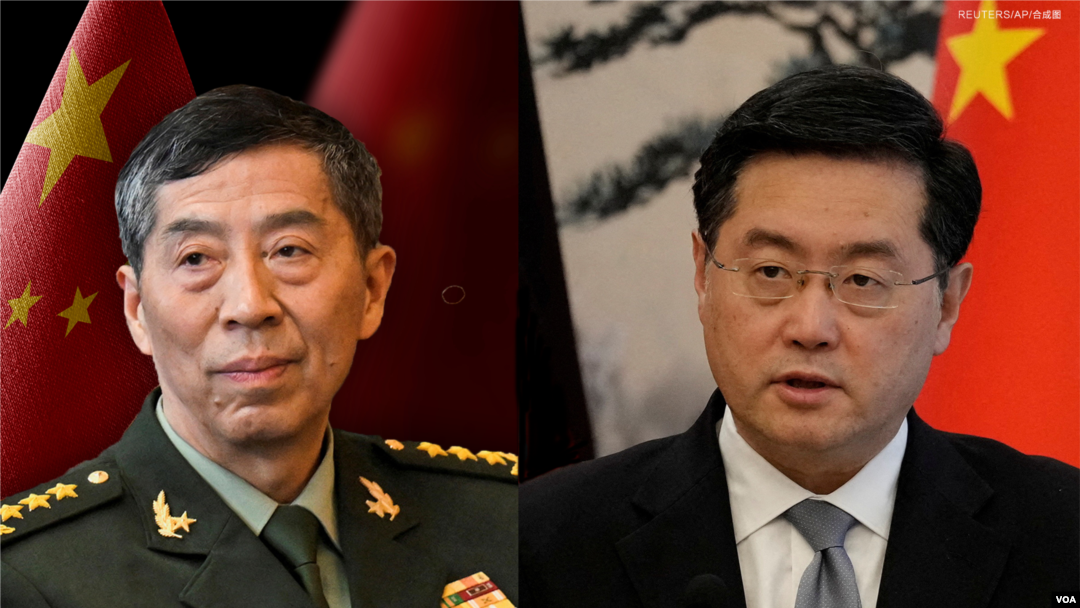 中國官媒報道，中國國防部長李尚福(左)被免除職務，前外交部長秦剛（右）的國務委員職務也被免除。 （2023年10月24日）
