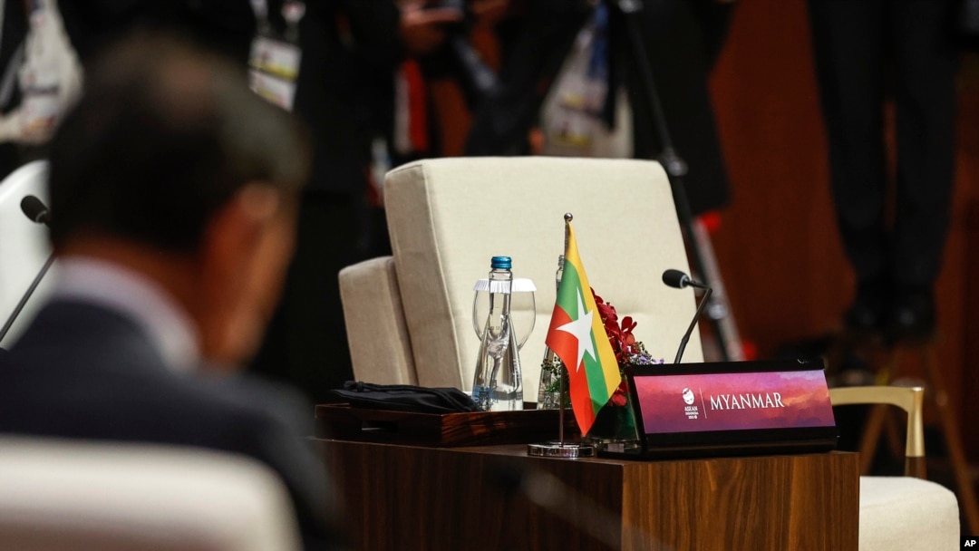 The seat reserved for Myanmar is left empty during the retreat session at the Association of Southeast Asian Nations (ASEAN) Summit, in Jakarta, Indonesia, Sept. 5, 2023.
