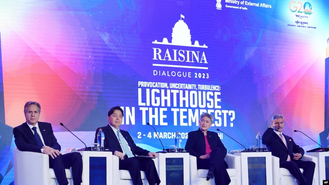 From left, U.S. Secretary of State Antony Blinken, Japanese Foreign Minister Yoshimasa Hayashi, Australian Foreign Minister Penny Wong and Indian Foreign Minister Subrahmanyam Jaishankar participate in a Quad ministers' panel at the Taj Palace Hotel in New Delhi, March 3, 2023. 