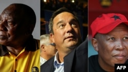 Picha ya rais wa Afrika Kusini Cyril Ramaphosa (kushoto) na kiongozi wa chama cha upinzani cha DA John Steenhuisen (katikati) na Julius Malema kiongozi wa chama cha EFF. PIcha na OLYMPIA DE MAISMONT and Phill Magakoe/AFP .