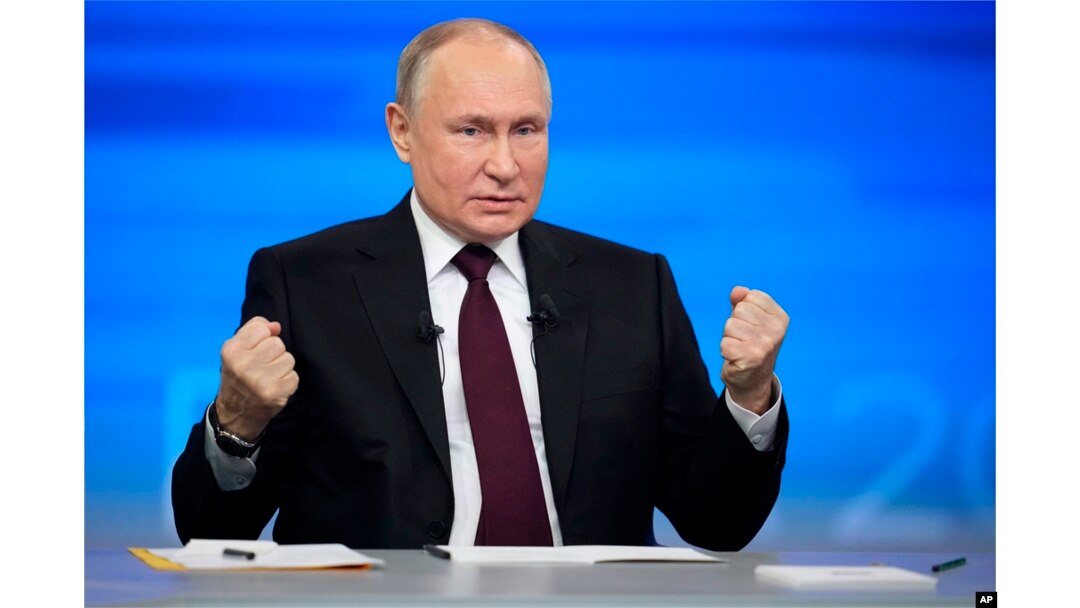 Russian President Vladimir Putin speaks during his annual news conference in Moscow on December 14, 2023. (Alexander Zemlianichenko/AP)