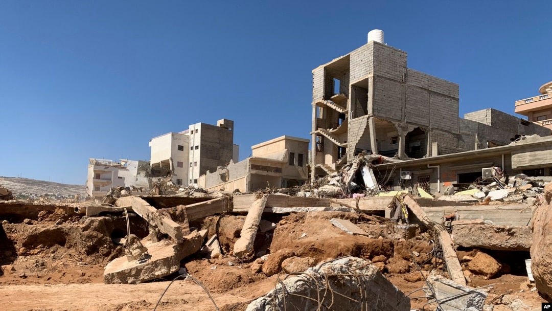 Flooding aftermath is seen in Derna, Libya, Sept.14, 2023. Teams are combing streets, wrecked buildings, and even the sea to look for bodies in Derna, where the collapse of two dams unleashed a massive flash flood that killed thousands of people.