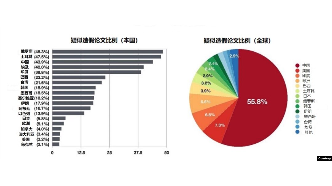 疑似造假論文(本國和全球)比例表(數據來源:伯恩哈德·薩貝爾等人5月8日所發表調查報告“示警手段顯示生物醫學論文造假氾濫”)