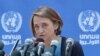 FILE — Lynn Hastings speaks at the United Nations compound in Gaza City, May 23, 2021. Israel has told the UN it will not renew the visa of Hastings, who is the UN's resident and humanitarian coordinator in the Palestinian territories.