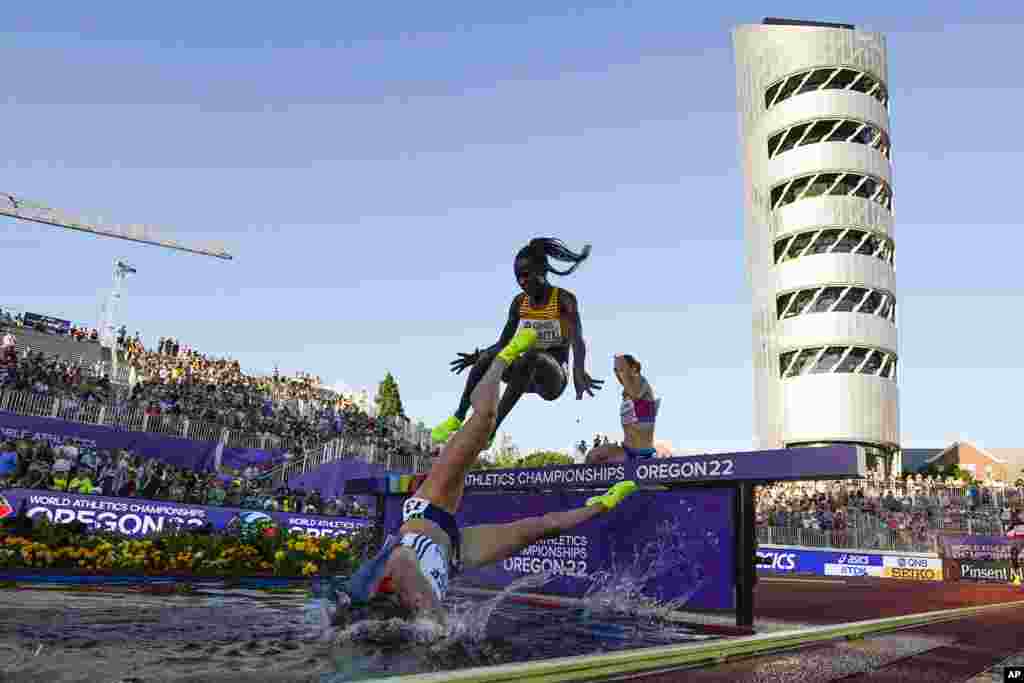 Alice Finot of France falls in the women's 3000-meter steeplechase final at the World Athletics Championships in Eugene, Oregon, U.S., July 20, 2022.