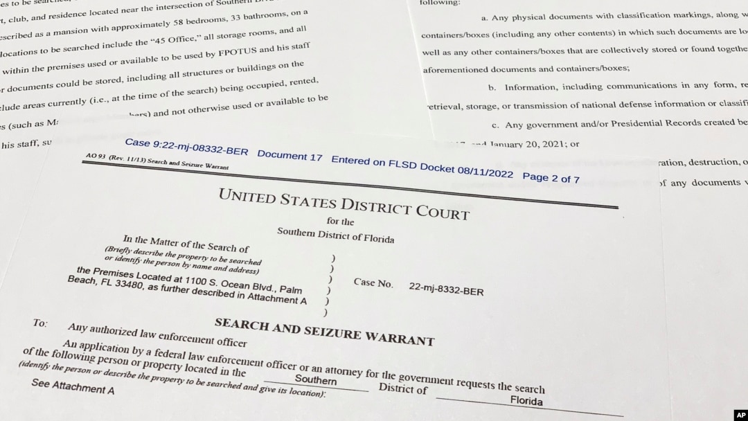 The search warrant the FBI received before searching the Florida estate of former President Donald Trump, is photographed Aug. 11, 2022. Attorney General Merrick Garland cited the "substantial public interest in this matter" in announcing the request. (AP Photo/Jon Elswick)
