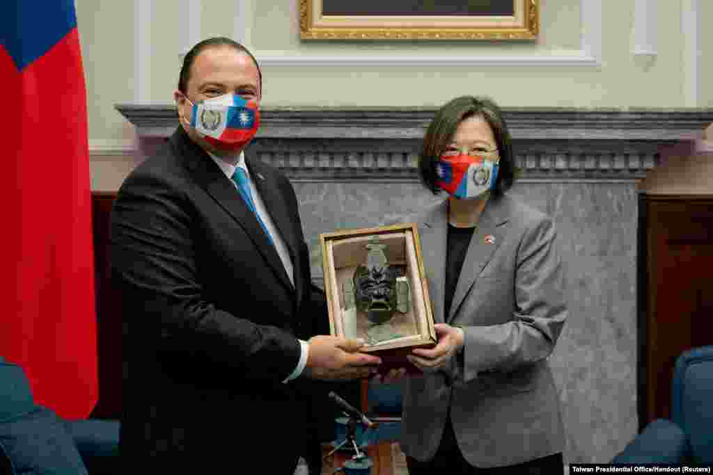 Taiwan President Tsai Ing-wen meets Guatemala's Foreign Minister Mario Bucaro at the presidential office in Taipei.