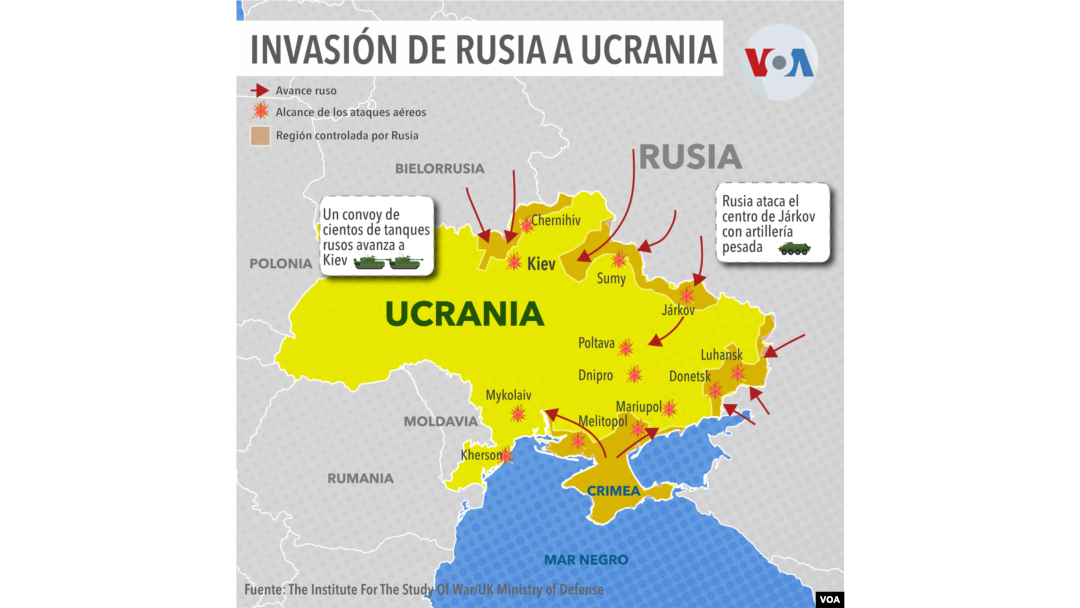 Mapa de cómo se produce la invasión a Ucrania.