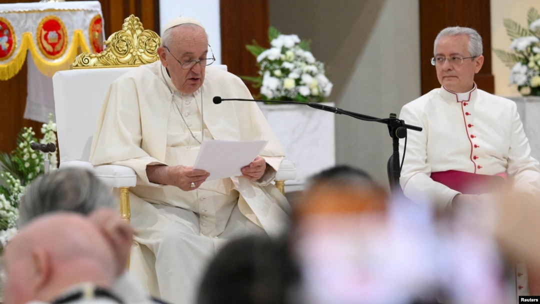 Pope Francis attends a prayer meeting at Sacred Heart Church, on the last day of his apostolic journey, in Manama, Bahrain, Nov. 6, 2022. (Vatican Media/­Handout via Reuters) 