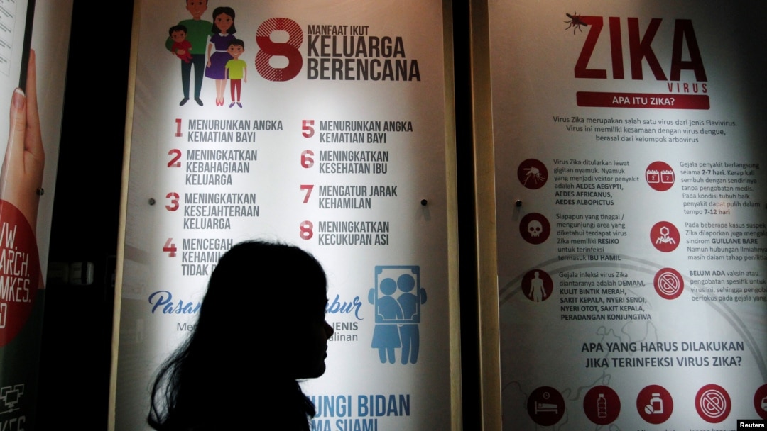 FILE - A woman stands near a poster explaining the Zika virus at the Ministry of Health office in Jakarta, Indonesia, Sept. 2, 2016. 
