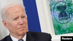 U.S. President Joe Biden participates virtually with the ASEAN summit from an auditorium at the White House in Washington, U.S. October 26, 2021.