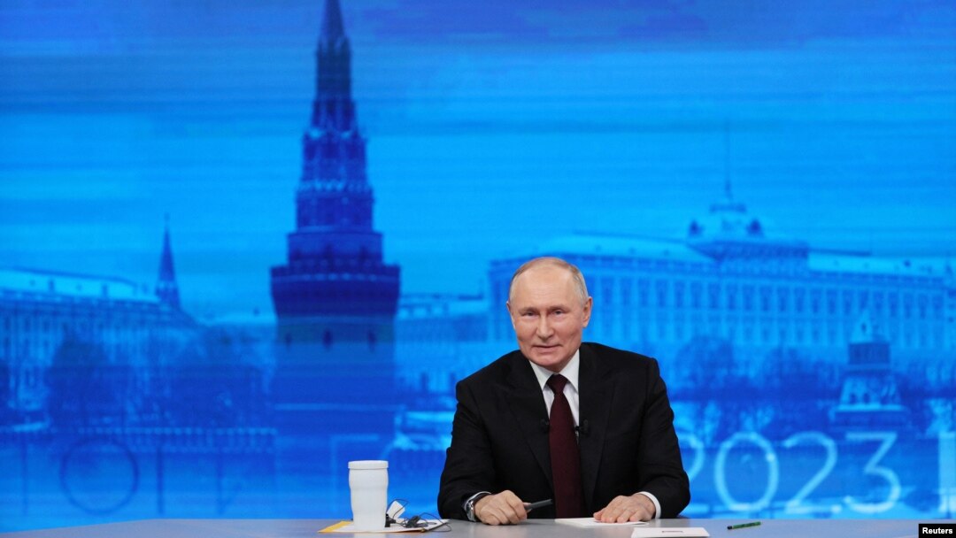 Russian President Vladimir Putin attends his annual end-of-year press conference and the Direct Line question and answer session at Gostiny Dvor Exhibition Centre in Moscow, Russia on December 14, 2023. (Gavriil Grigorov/Sputnik/via Reuters)