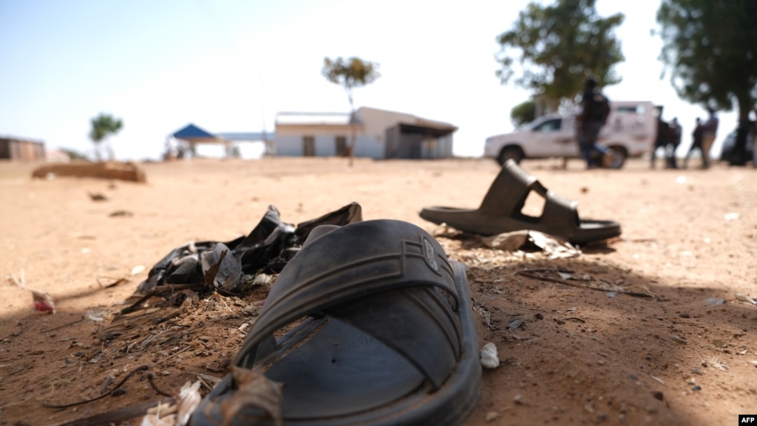 Students' shoes are left behind after gunmen abducted hundreds of boys at the Government Science School in Kankara, in northwestern Katsina state, Nigeria, Dec. 15, 2020.