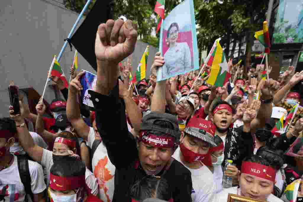Myanmar nationals living in Thailand stage a rally outside Myanmar's embassy in Bangkok, Thailand. International outrage over Myanmar’s execution of four political prisoners is intensifying with grassroots protests and strong condemnation from world governments.