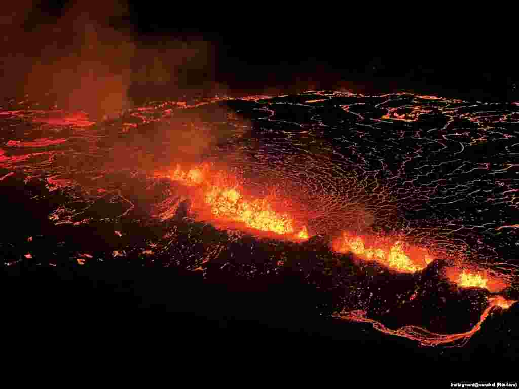 Fagradalsfjall volcano erupts near Reykjavik, Iceland, in this picture obtained from social media.