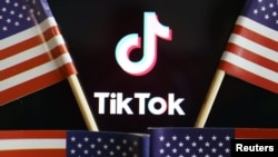 U.S. flags are seen near a TikTok logo in this illustration picture taken July 16, 2020. REUTERS/Florence Lo/Illustration