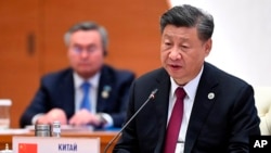 Chinese President Xi Jinping speaks at the Shanghai Cooperation Organization (SCO) summit in Samarkand, Uzbekistan, Sept. 16, 2022. (Uzbekistan Presidential Press Service via AP)