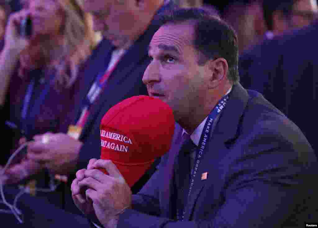 A supporter of U.S. Republican presidential nominee Donald Trump watches results at his election night rally in Manhattan, New York, Nov. 8, 2016.