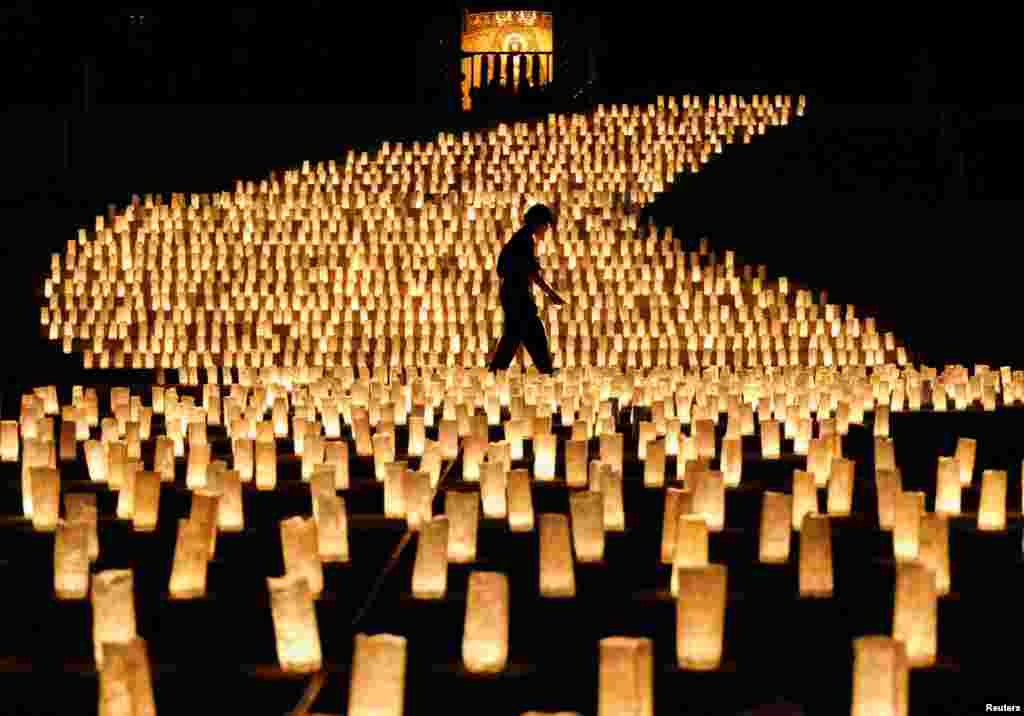 Paper lanterns are placed to form the shape of the Milky Way along a staircase, during Tanabata, or the Star festival event, at Zojoji temple in Tokyo, Japan.