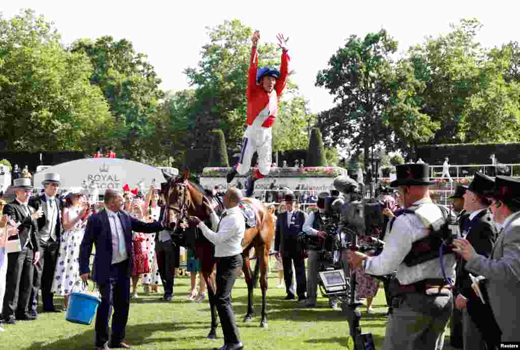 Frankie Dettori on Inspiral celebrates after winning the 16:20 Coronation Stakes at Ascot Racecourse, in Ascot, Britain.