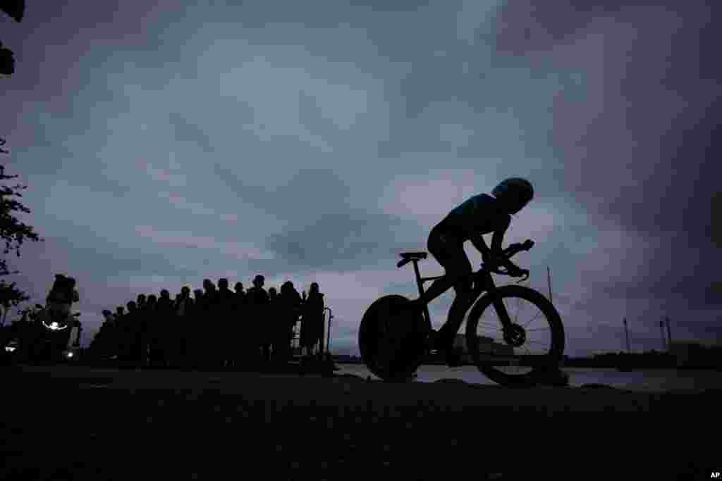 Kazakhstan's Alexey Lutsenko rides during the first stage of the Tour de France cycling race, an individual time trial over 13.2 kilometers (8.2 miles) with start and finish in Copenhagen.