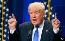FILE - Republican presidential candidate Donald Trump speaks at Saint Anselm College in Manchester, New Hampshire, June 13, 2016. Trump attacked Hilary Clinton by name in his speech in the aftermath of the Orlando shooting.