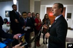 Rep. Adam Schiff of Calofornia, the ranking Democrat on the House Intelligence Committee's Russia investigation, speaks to reporters, on Capitol Hill in Washington, during a break in the committee's questioning of President Donald Trump's former campaign