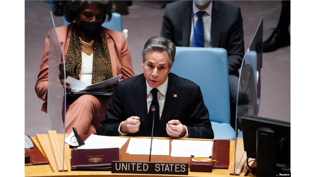FILE - US Secretary of State Antony Blinken speaks during a meeting of the U.N. Security Council on the situation between Russia and Ukraine, at the United Nations Headquarters in New York, Feb. 17, 2022.