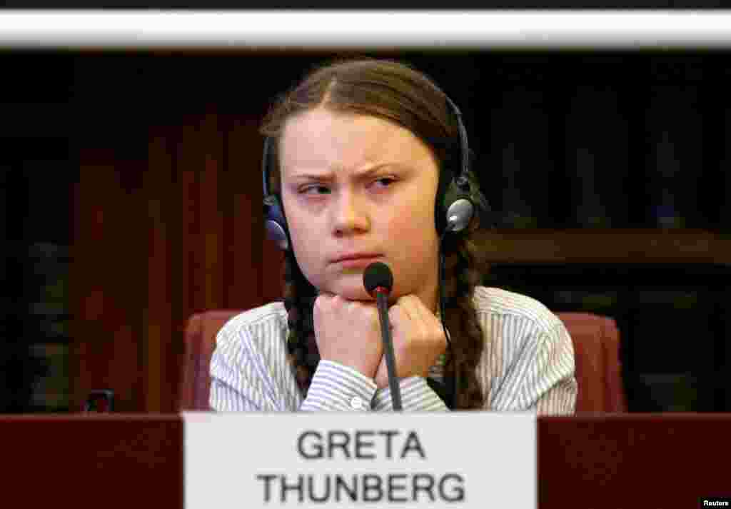 Swedish teenage environmental activist Greta Thunberg visits the Senate in Rome, Italy. She is in Rome to headline the April 19 “school strike” — the growing worldwide youth movement she spearheaded demanding faster action against climate change.