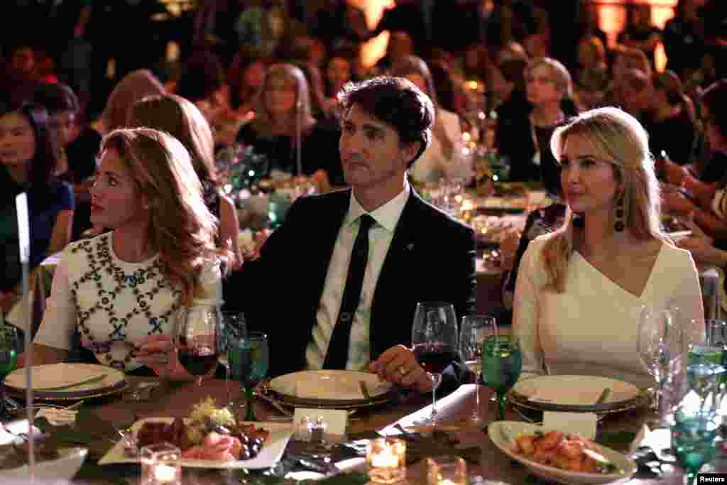 Canadian Prime Minister Justin Trudeau, his wife Sophie, left, and Senior White House Advisor Ivanka Trump, right, sit together at the 2017 Fortune magazine’s “Most Powerful Women” summit in Washington, Oct. 10, 2017.