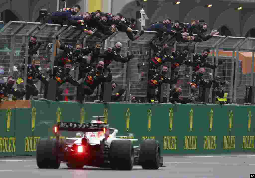 Second placed Red Bull driver Max Verstappen of the Netherlands crosses the finish line during the Turkish Formula One Grand Prix at the Intercity Istanbul Park circuit in Istanbul, Turkey.