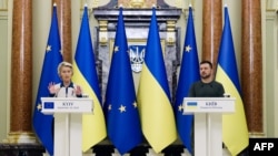 Урсула фон дер Ляйен и Владимир Зеленский проводят совместную пресс-конференцию. Киев, 20 сентября 2024 г.