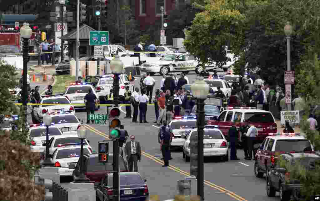 This view from the Russell Senate Office Building shows police converging on the scene of the shooting on Capitol Hill.