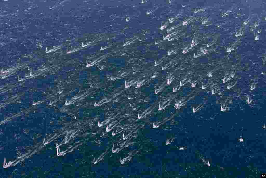 A view of the sail boats taking part in the 53rd edition of the traditional "Barcolana" regatta in the gulf of Trieste, north-eastern Italy.