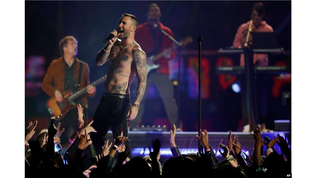 Adam Levine of Maroon 5 performs during halftime of the NFL Super Bowl 53 football game between the Los Angeles Rams and the New England Patriots Sunday, Feb. 3, 2019, in Atlanta.