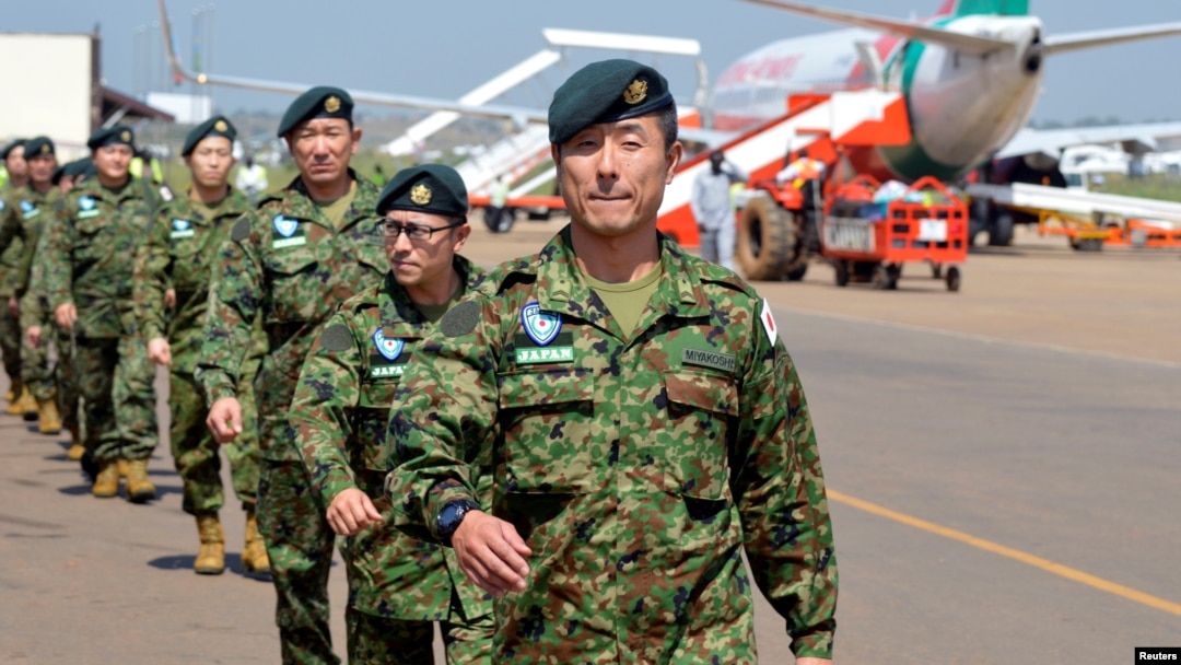 Japanese peacekeepers arrive at the Juba airport to participate in the United Nations Mission in South Sudan (UNMISS) in South Sudan's capital Juba, Nov. 21, 2016. 