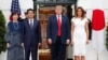 Japanski premijer Šinzo Abe i supruga Aki Abe sa američkim predsednikom Trampom i prvom damom Melanijom pre večere u Beloj kući, 26. aprila 2019.