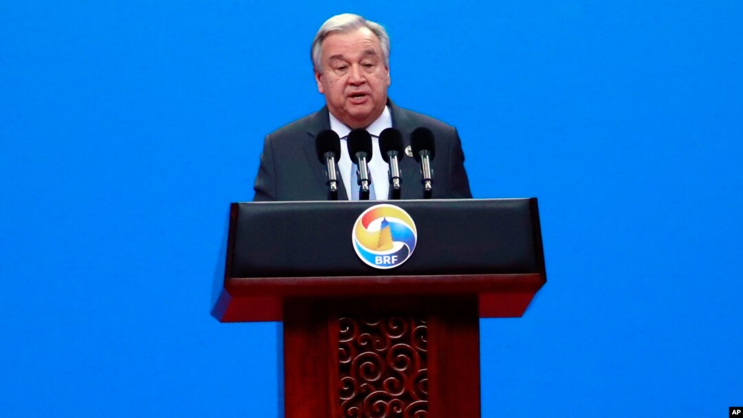 FILE - U.N. Secretary General Antonio Guterres delivers his speech at the opening ceremony of the second Belt and Road Forum for International Cooperation (BRF) in Beijing, April 26, 2019. 