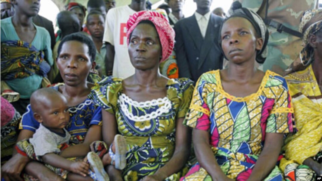 Women from a camp for displaced people in Kitchanga, in eastern Democratic Republic of Congo, listen to Margot Wallstrom, the UN's special representative on sexual violence, in eastern Democratic Republic of Congo, October 3, 2010 (file photo)
