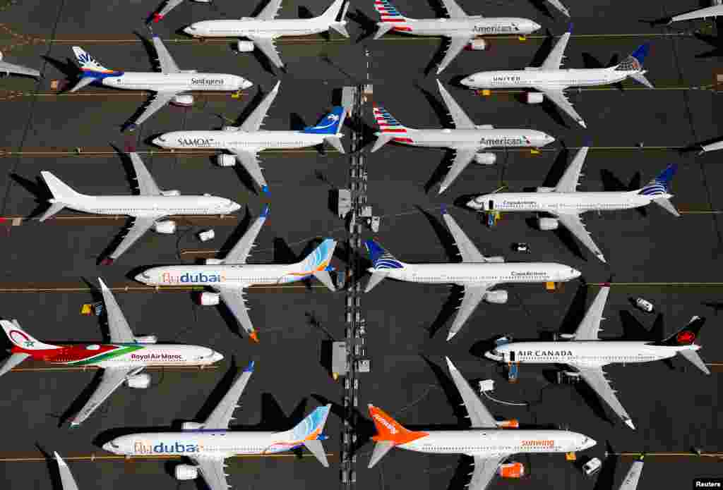Grounded Boeing 737 MAX aircraft are seen parked at Boeing Field in Seattle, Washington.