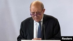 法國外長勒德里昂（Jean-Yves Le Drian）2021年9月20日在紐約出席聯合國大會期間出席記者會（路透社）