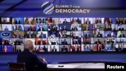 U.S. President Joe Biden convenes a virtual summit with leaders from democratic nations at the State Department's Summit for Democracy, at the White House, on December 9, 2021. (Leah Millis/Reuters)