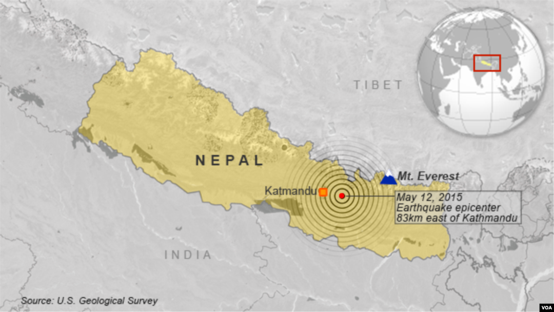 May 12, 2015 earthquake, 83 km east of Kathmandu, Nepal