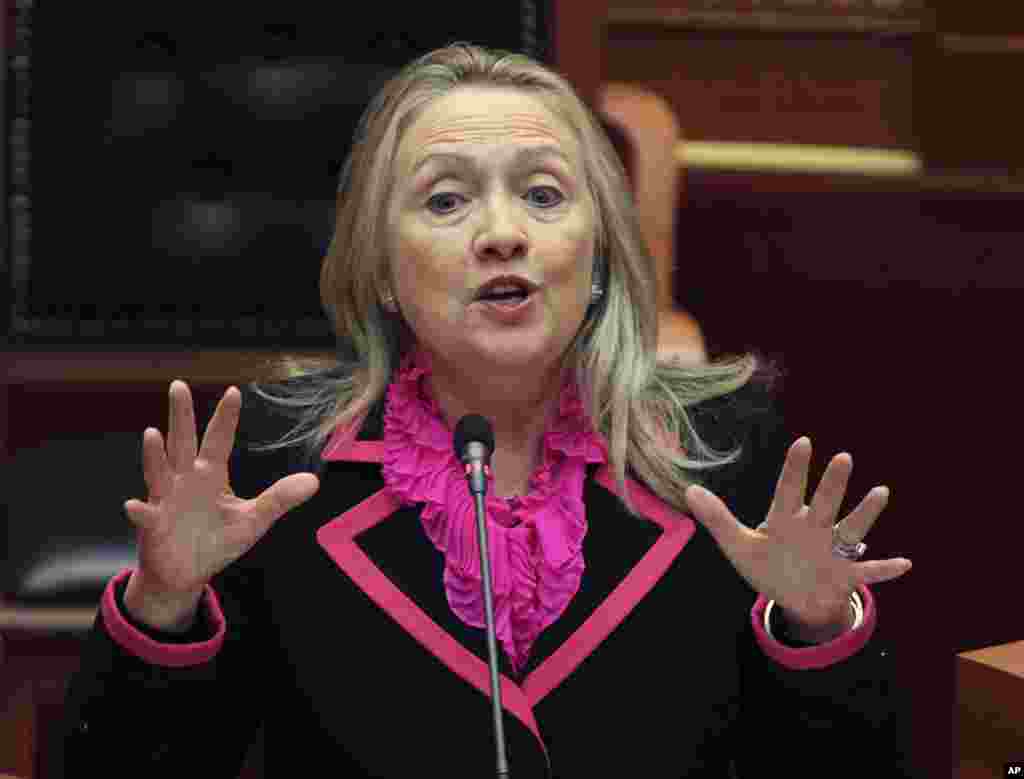 UNITED STATES: At the request of then-Secretary of State Hillary Clinton, the U.S. Director of National Intelligence confirmed strong links between African terrorism and wildlife poaching. Clinton frequently made the case for new anti-poaching strategies, as she did to Albania's parliament in 2012 (above). 