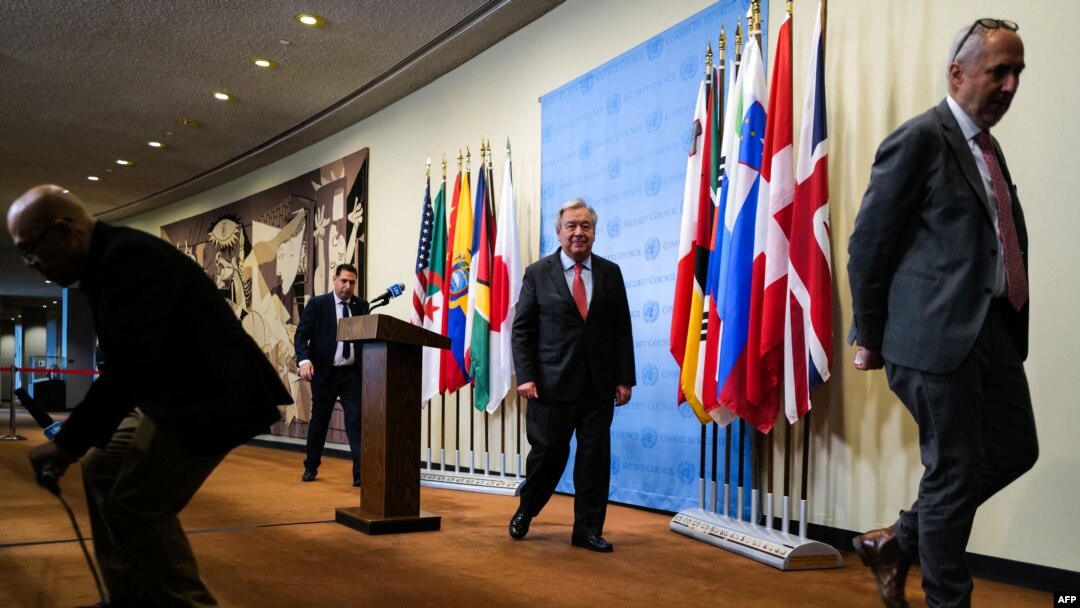 U.N. Secretary-General Antonio Guterres, center, leaves after speaking to the media at United Nations headquarters in New York on April 5, 2024, ahead of the six-month mark of the Israel-Hamas war.