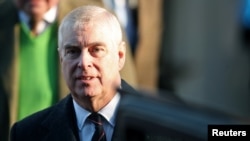 FILE - Britain's Prince Andrew leaves St. Mary the Virgin church in Hillington, near royal Sandringham estate, in Norfolk, Jan. 19, 2020.