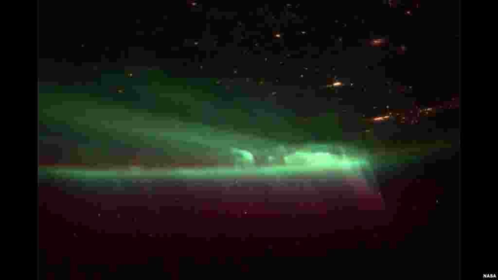 Astronaut Mike Hopkins, aboard the International Space Station, shares this picture of the northern lights saying "The pic doesn't do the northern lights justice. Covered the whole sky. Truly amazing!"